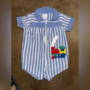 VTG 90s Striped Romper Train Emb Cotton Primary Colors 3-6 M Petit Joute Brand?